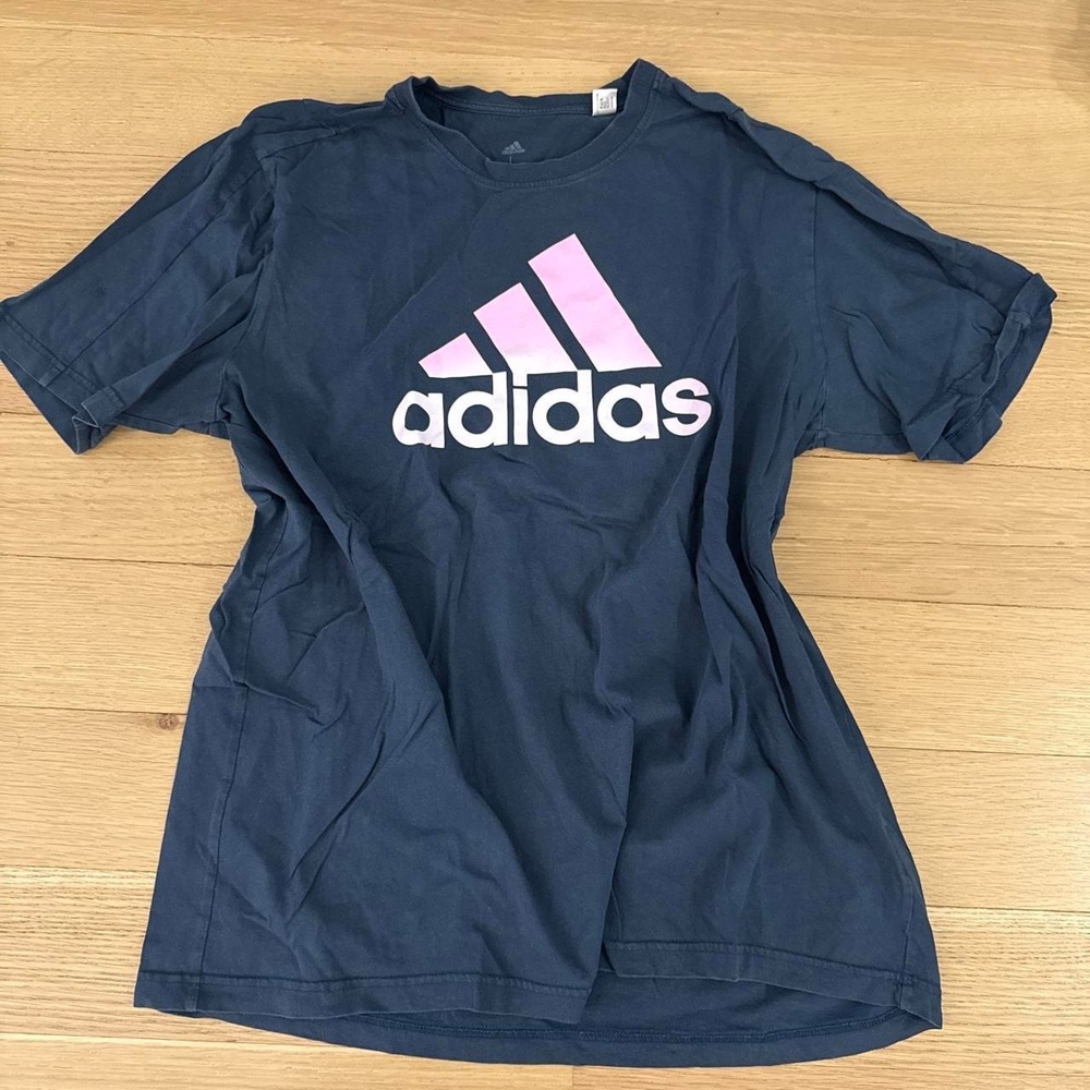 'Navy Adidas t-shirt with pink logo
